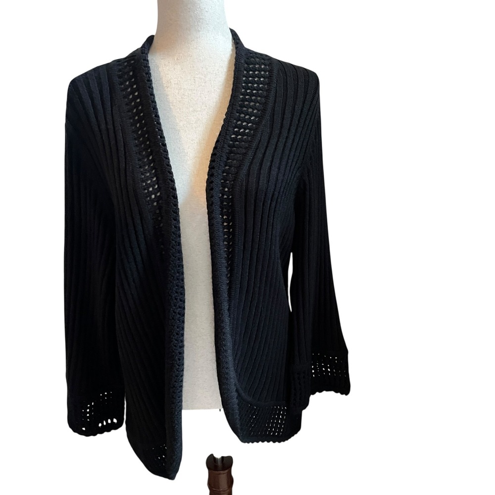 Dressbarn Womens 3X 22/24 Black Ribbed Open Front Cardigan Pointelle Trim‎ Knit
